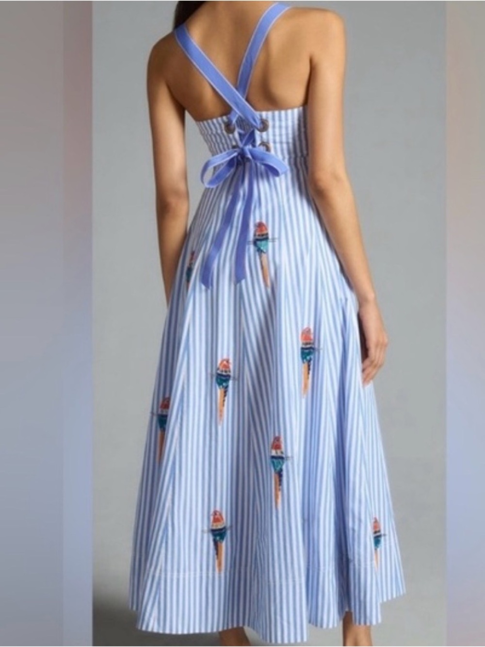 Anthropologie Light Blue & White Striped Parrot-Embroidered Maxi Dress - Picture 2 of 9